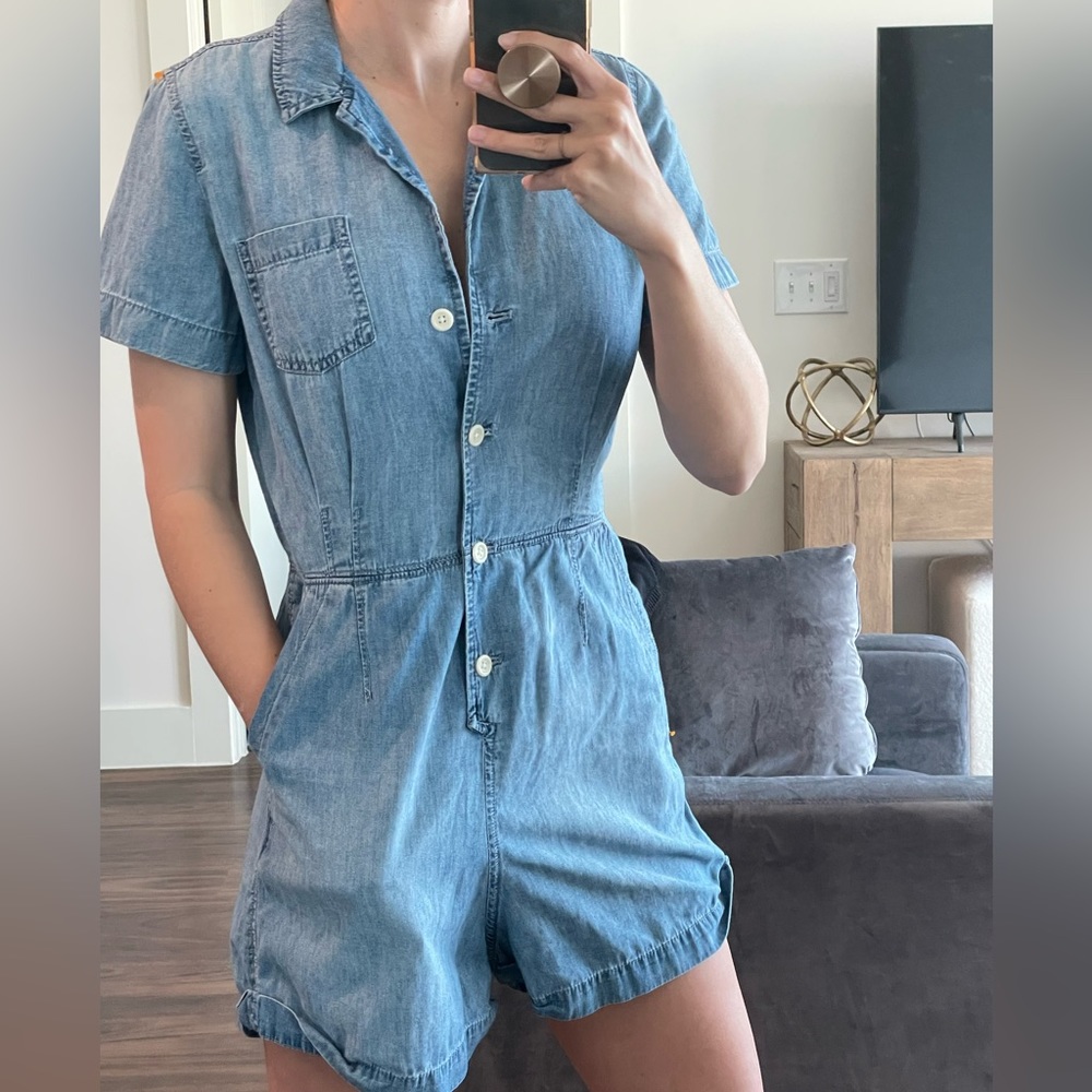 J Crew denim short jumpsuit. Button front. Collared. Pockets.